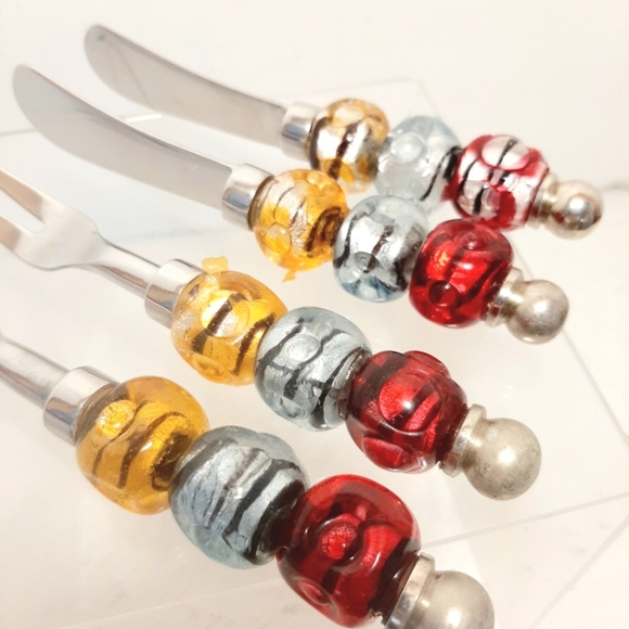 Colorful Dichroic Glass Beaded Cheese Knives and Forks Set - Picture 2 of 4
